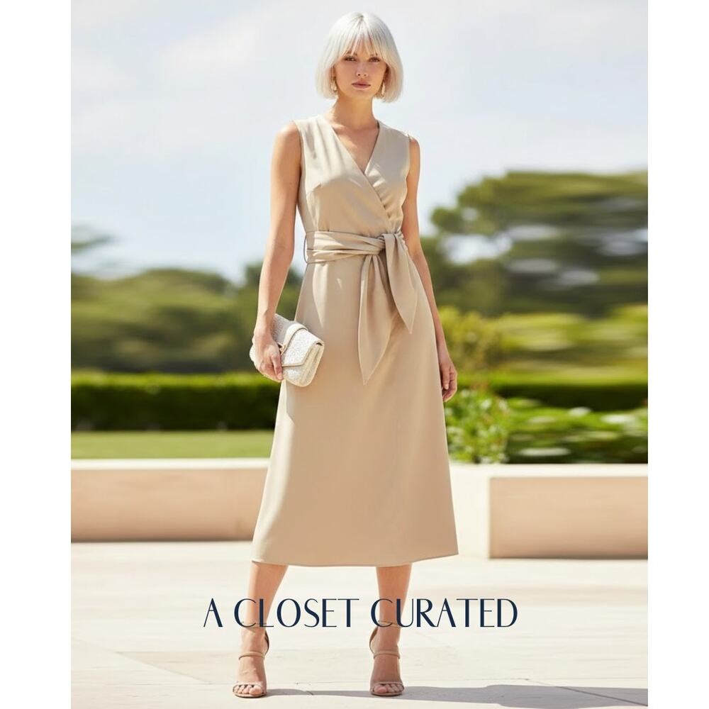 Julia Allert Vegan Leather Belted Midi Dress Medium Tan NEW